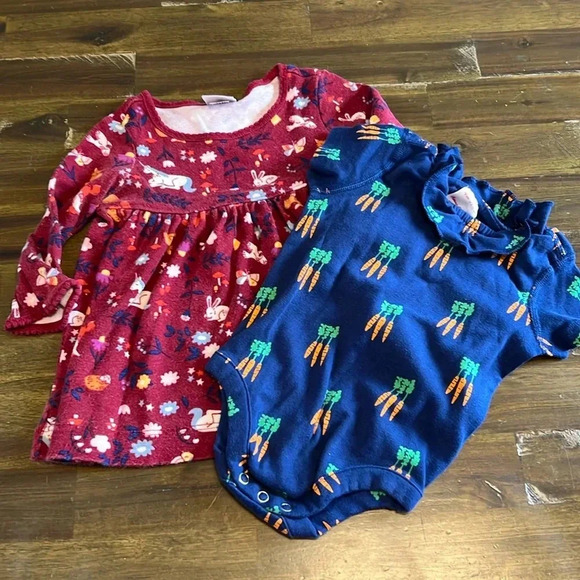 Hanna Andersson Bundle Dress Onesie Carrots Ruffle Unicorn Woodsy Animals 6-12 - Picture 1 of 7